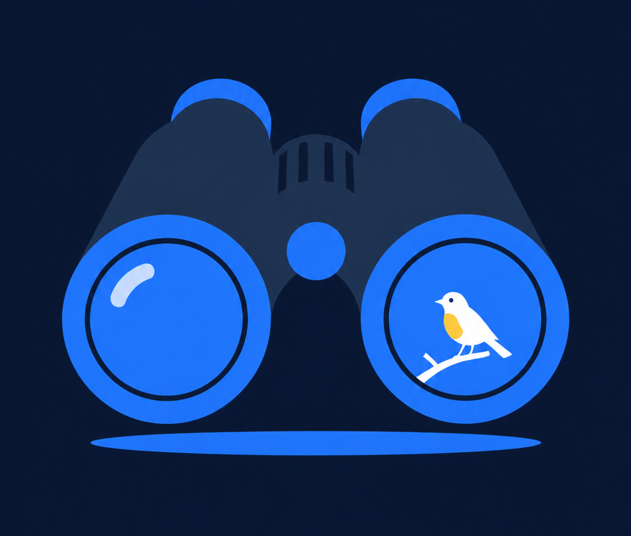 Binoculars with a small bird perched on a branch in one lens